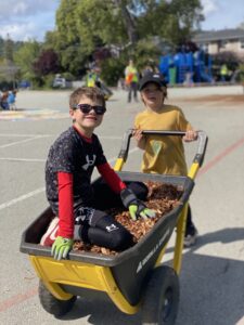 Kids on wheelbarrow